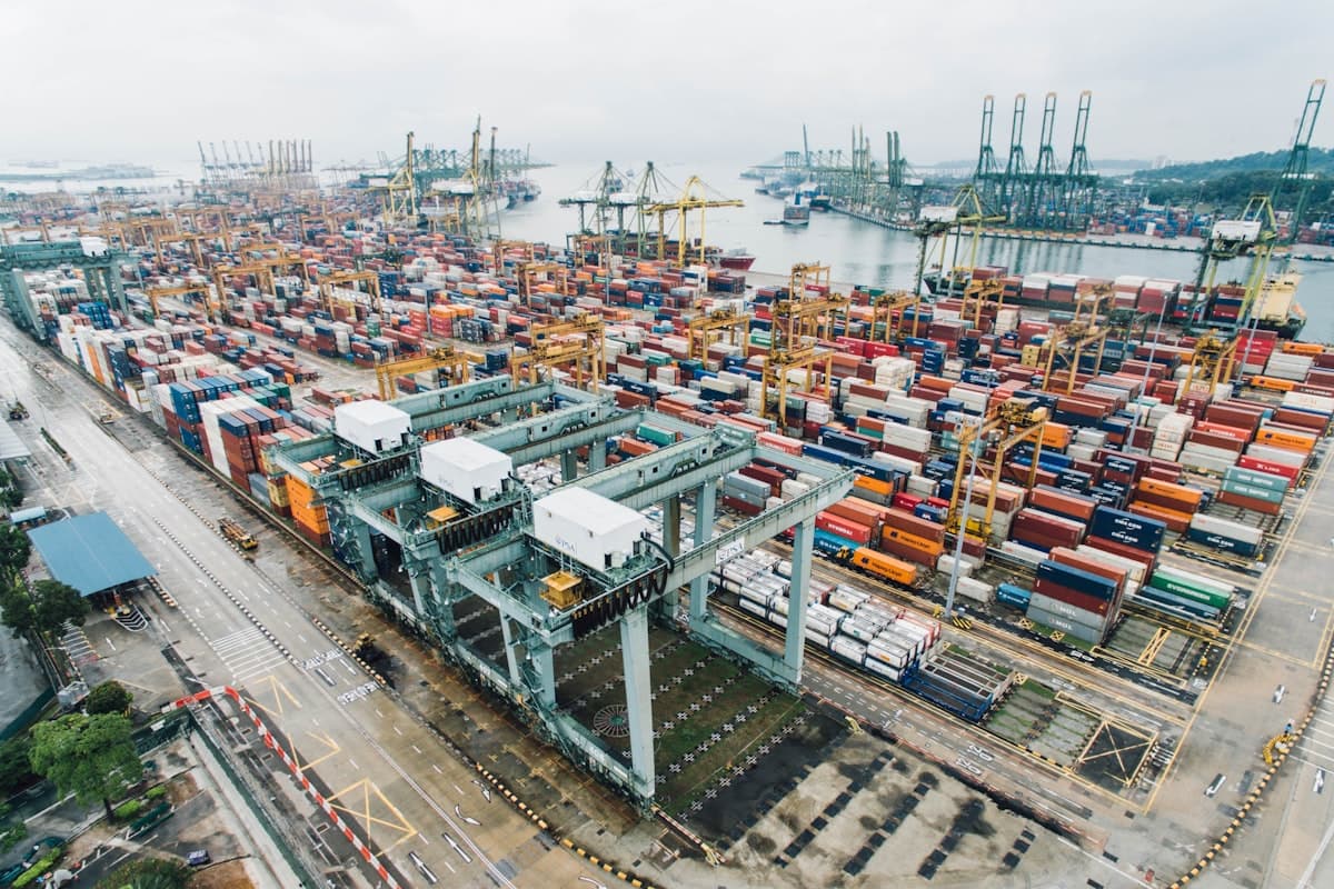 Aerial view of a shipping container port