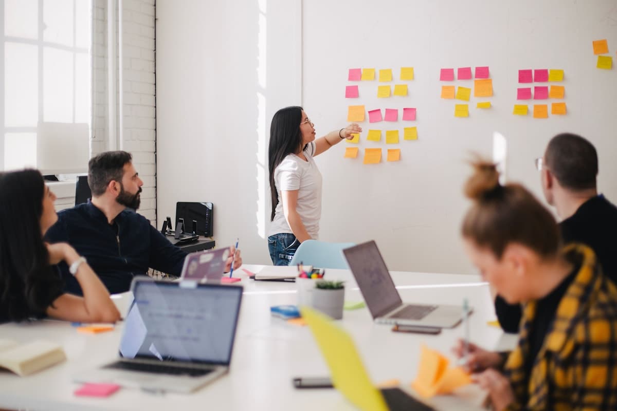 Team planning around a whiteboard with sticky notes